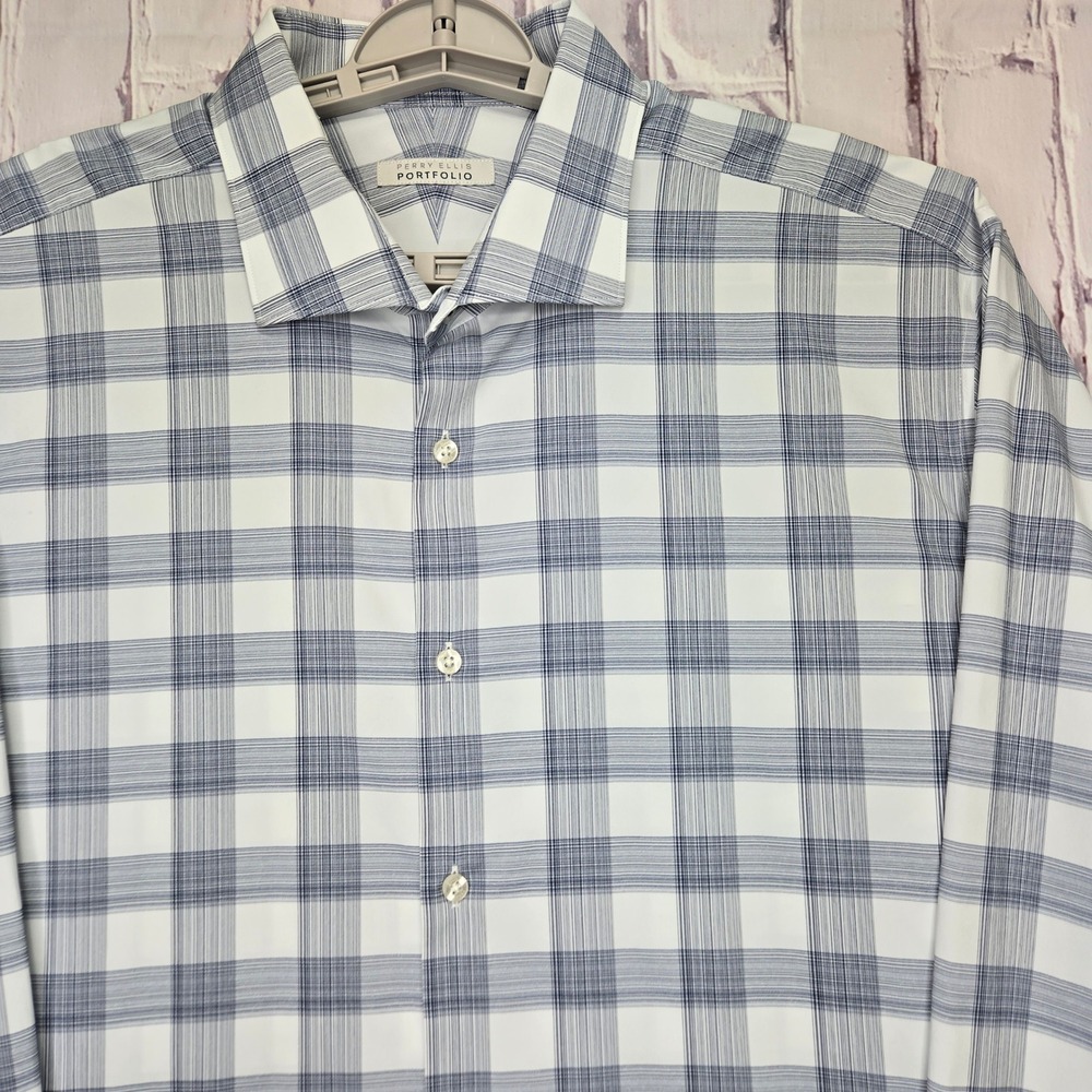 Perry Ellis Portfolio Men‎ Dress Shirt Blue White Plaid L/S Button Up Sz 18